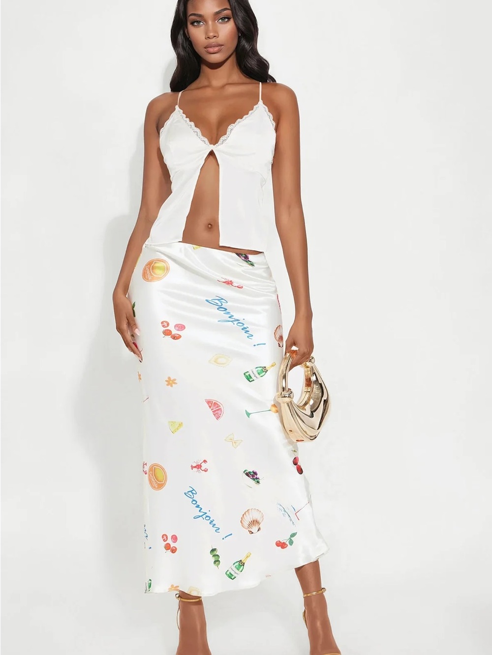 Satin White Printed Midi Skirt